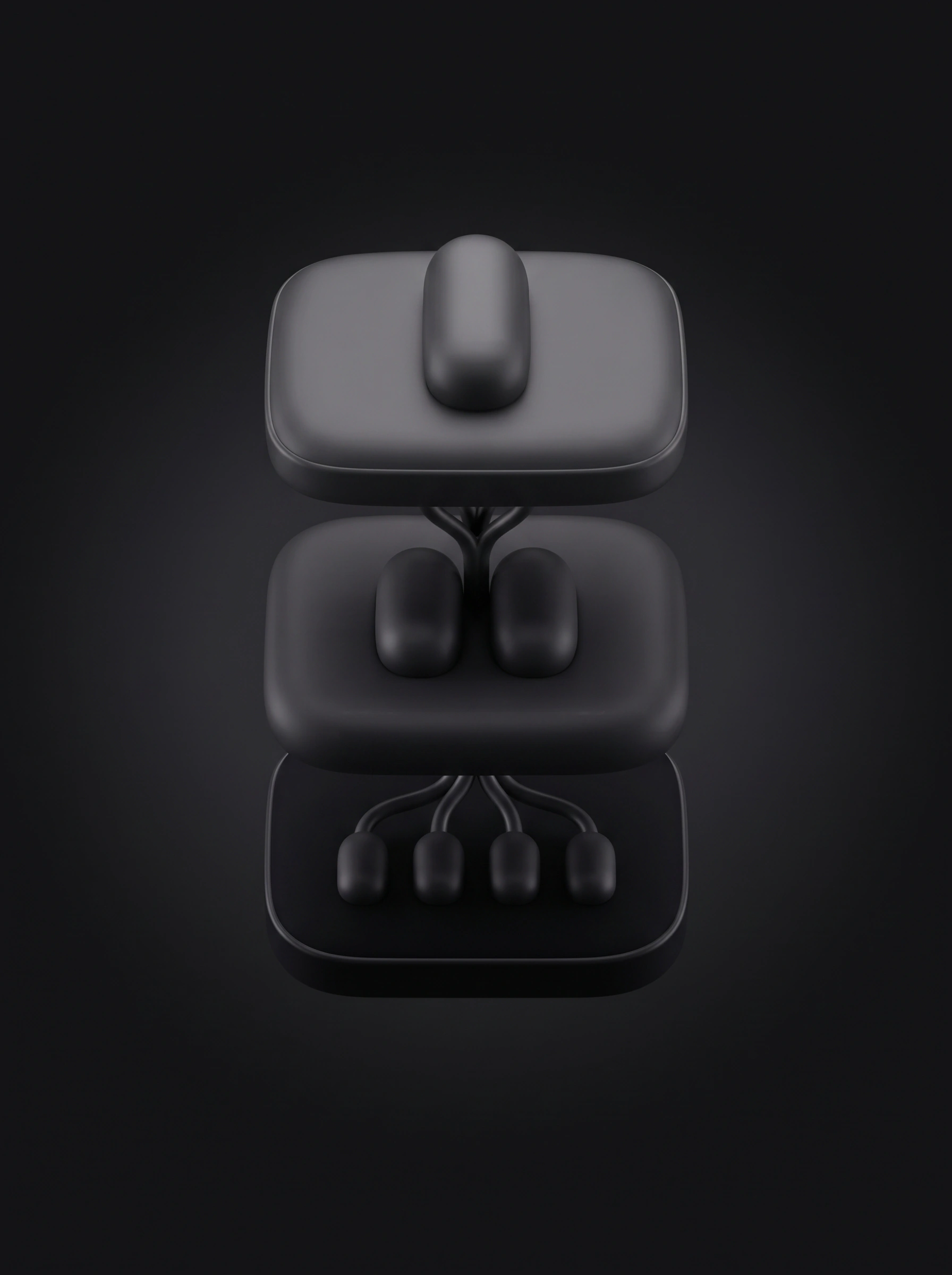 Three floating black tiles stacked like tiers: four small pills at the bottom feed two medium pills, which feed one large pill on top.