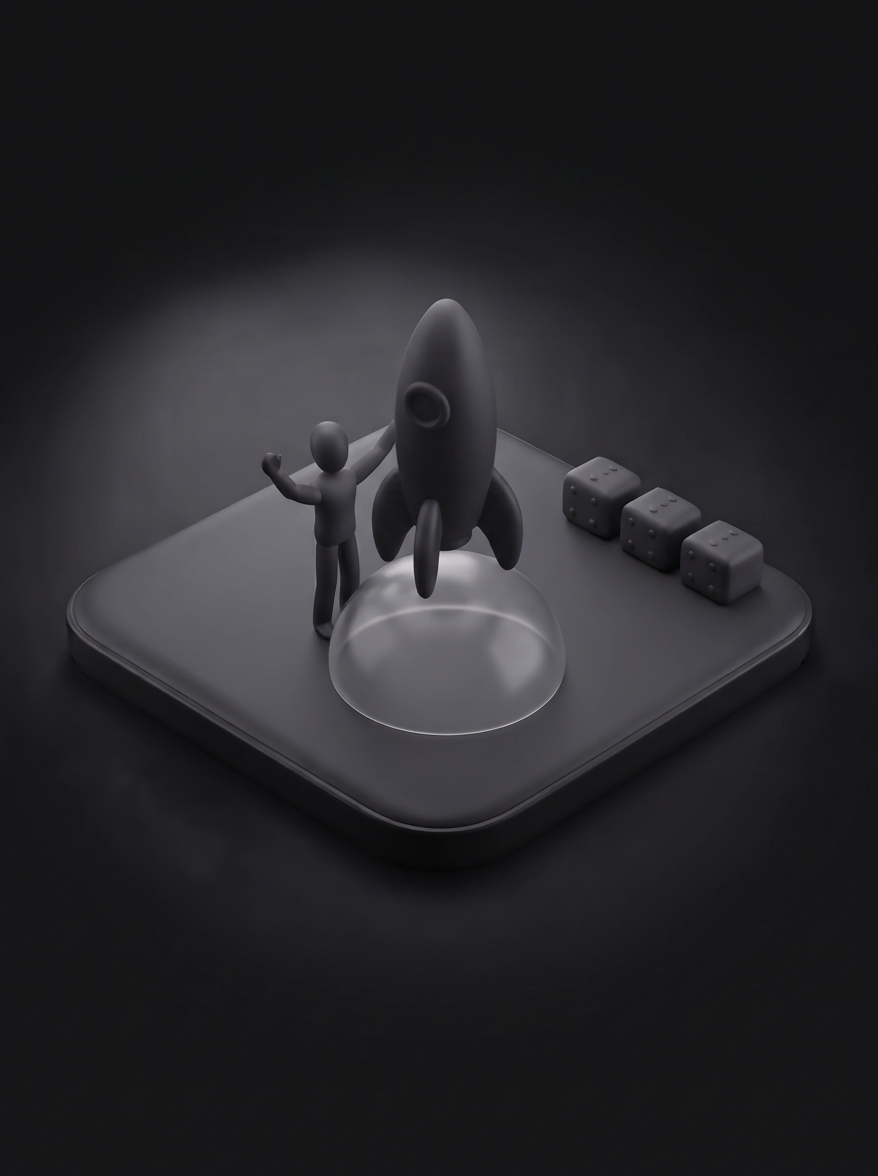 The company: one faceless figure waves beside a small rocket lifting off a glass dome on a floating platform, next to a row of three identical dice.